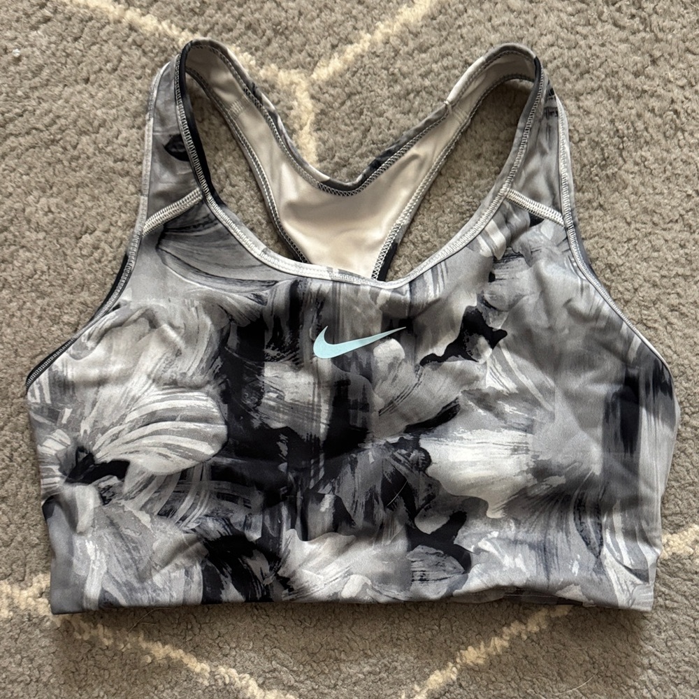 Nike Gray Black Abstract Print Sports Bra with Light Blue Swoosh
